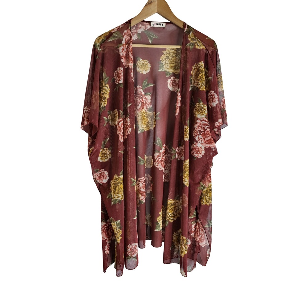 Sonder Burgundy Floral Mesh Kimono Sheer Rose Print Open Front Cover Up OS Fairy